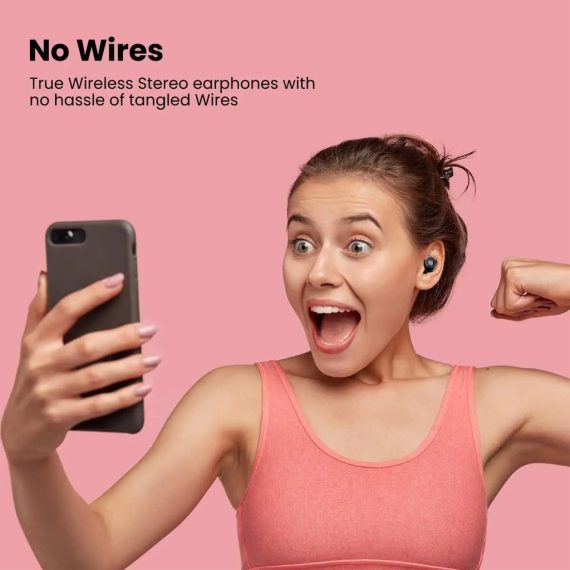 mobile accessories - earbuds - portronics-harmonics-twins-S3-POR-1664-black - girl with earbuds and mobile-no wires